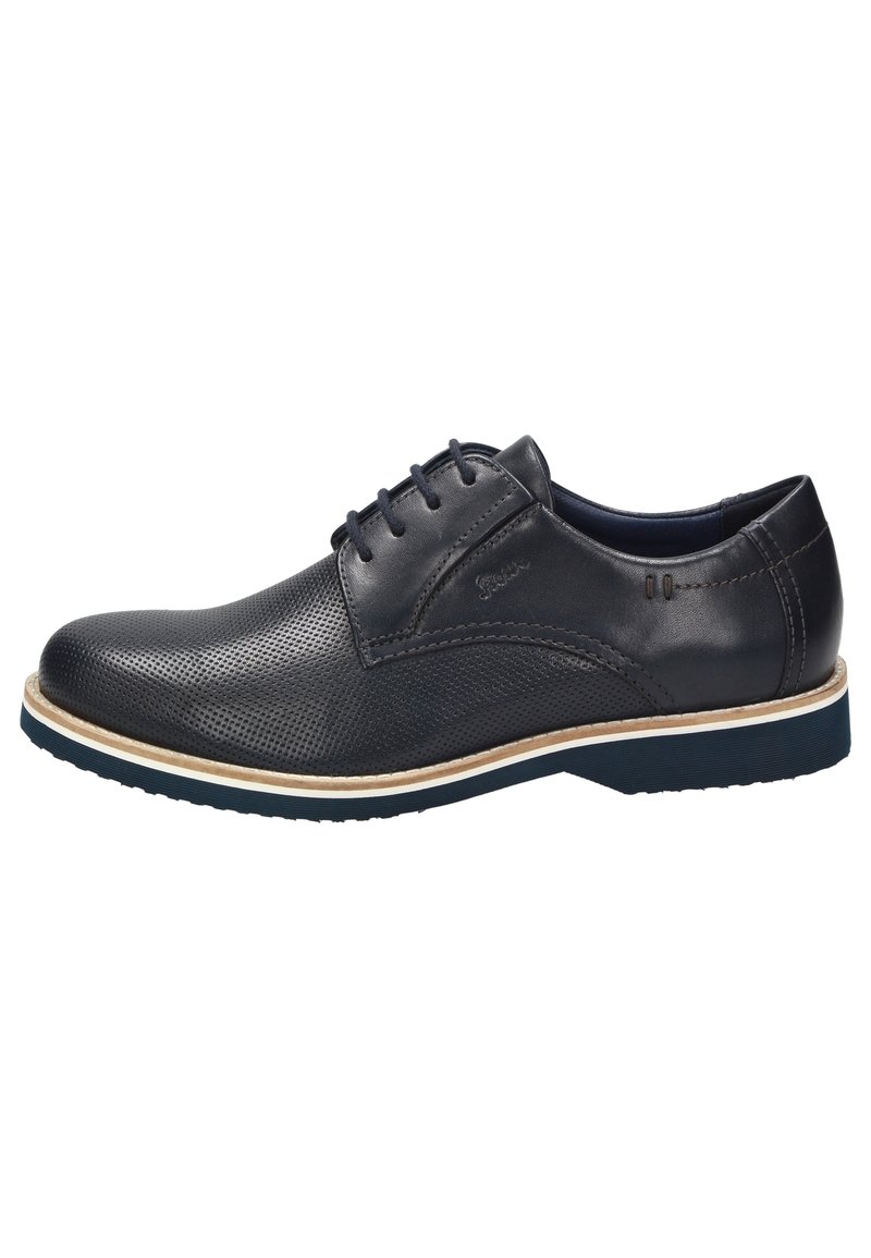 Scarpe in pelle nera con lacci, dalla superficie testurizzata, con suola di un marrone chiaro. Presentano una punta rotonda e dettagli di cucitura sottili.