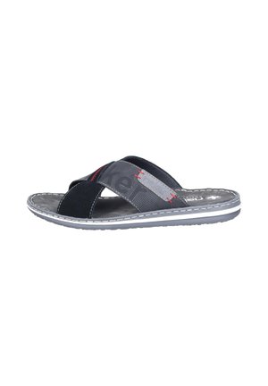 Men’s black and gray slide sandal with crossed straps, red stitching accents, and cushioned sole with white and gray trim.