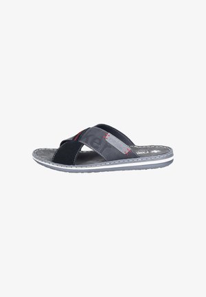 Men’s black and gray slide sandal with crossed straps, red stitching accents, and cushioned sole with white and gray trim.