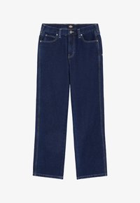 Jeans de mezclilla rectos de color azul oscuro con cinco bolsillos, costuras visibles, cierre de botón y cremallera, y un logo de la marca en la cinturilla.