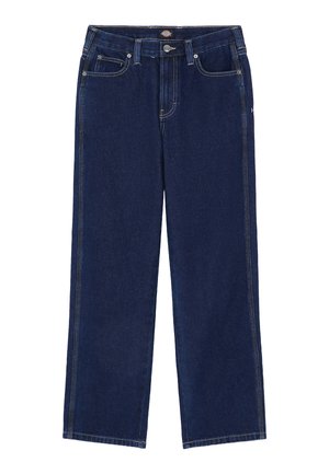 Donkerblauwe straight-leg denim jeans met vijf zakken, zichtbare stiksels, knoop- en ritssluiting, en een merklogo op de tailleband.