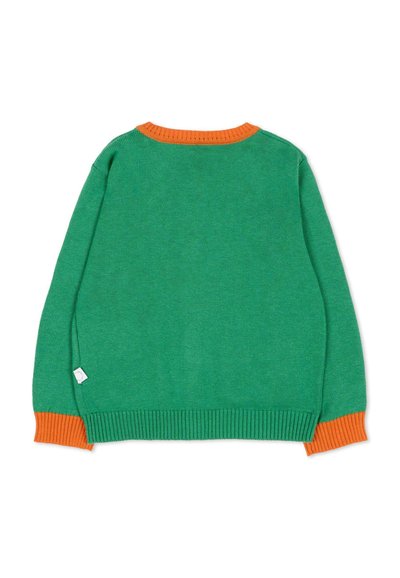 Pull en maille verte avec col et poignets côtelés orange, vu de dos sur fond blanc.