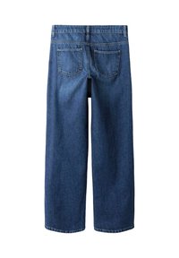 Culottes de mezclilla azul oscuro con corte recto, que cuentan con dos bolsillos traseros y una cinturilla. La tela tiene una textura suave.