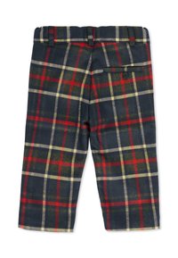 Pantalon à carreaux avec une base marine, présentant des motifs écossais rouges et jaunes, fabriqué en tissu doux. Comprend une poche arrière et un bouton.