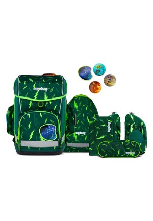 Green ergonomic backpack set featuring lightning bolt pattern, reflective accents, multiple compartments, and five round character patches.