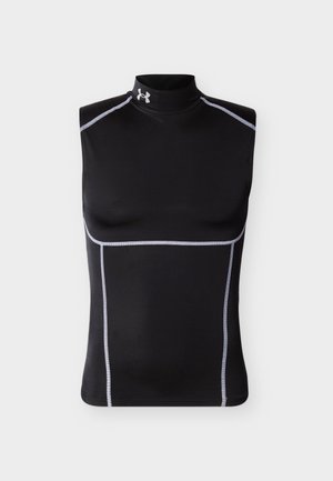 Camiseta de compresión negra sin mangas con cuello alto, costuras de contraste blancas y el logo de Under Armour en el cuello.