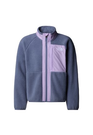 Fleecejakke i mørkeblå med lyse lilla detaljer. Har lynlås, høj krave og en brystlomme med logodetalje.