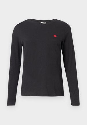 Black long-sleeve crewneck shirt with small red heart embroidered on the left chest against a white background.