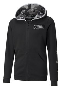 Sudadera negra con cremallera y capucha forrada en camuflaje gris. Presenta el logo "PUMA" en blanco, bolsillos frontales y puños elásticos. Textura de tela suave.