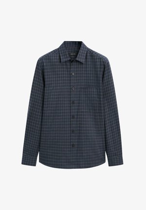 Herenoverhemd met lange mouwen in marineblauw met een geruit patroon. Voorzien van een klassieke kraag, knopen aan de voorkant en een borstzak.