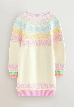 Strickkleid in Creme mit pastellfarbenen Herzen, Schneeflocken und Regenbogenmustern. Gerippte Bündchen und Saum in Pink, Blau und Lila.