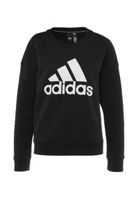 Sudadera negra de tejido suave con un logo blanco de Adidas en el frente, escote redondo y puños y dobladillo acanalados.