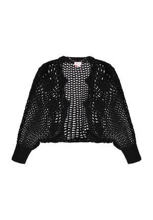 Black crocheted cardigan with an open front, textured pattern, and ribbed cuffs. Features floral accents throughout the design.