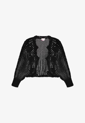 Fekete horgolt kardigán, nyitott elülső résszel, texturált mintázattal és bordázott mandzsettákkal. Virágmotívumokkal díszített a kialakítás során.