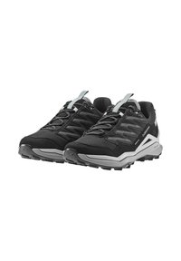 Scarpe da trail nere con una tomaia texturizzata, caratterizzate da accenti grigi e elementi riflettenti. Progettate con una suola in gomma resistente per una buona aderenza.