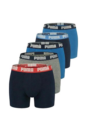 Five pairs of men's boxer briefs in navy, grey, and shades of blue with PUMA branded elastic waistbands in different colors.