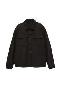 Veste noire boutonnée avec manches longues, deux poches avant à rabat et un col classique, présentée sur fond blanc.