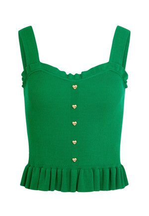 Top corto sin mangas verde con textura acanalada, ribete fruncido, escote cuadrado y cinco botones dorados en forma de corazón en la parte delantera.