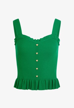 Top corto sin mangas verde con textura acanalada, ribete fruncido, escote cuadrado y cinco botones dorados en forma de corazón en la parte delantera.