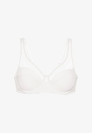 Reggiseno bianco con ferretto, coppe sagomate, spalline regolabili e dettagli in rete trasparente lungo i bordi superiori.