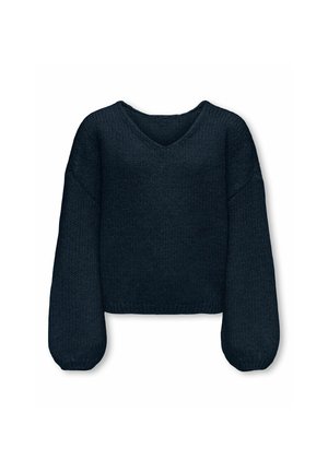 Pull noir en maille avec col en V et longues manches ballon, avec une coupe légèrement courte et un tissu texturé.