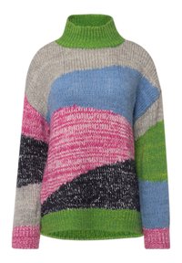 Multikleurige trui met een hoge groene kraag, met gedurfde patronen in grijs, roze, blauw, zwart en groen. Zachte, gestructureerde brei.