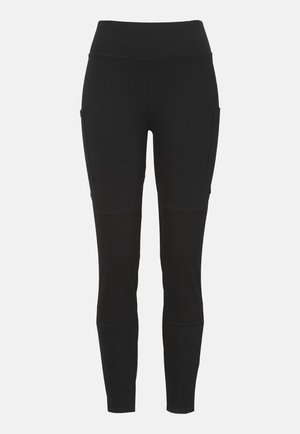 Svarta leggings tillverkade av elastiskt material, med hög midja, sidofickor, knäpaneldetaljer och en åtsittande design.