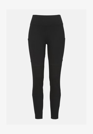 Sorte leggings lavet af strækbart materiale, med høj talje, sidelommer, knæpanel detaljer og en tætsiddende pasform.