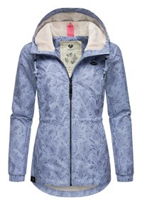 Veste légère lilas avec un motif floral, fermeture éclair à l'avant, capuche ajustable et doublure intérieure en crème douce. Comprend des poignets et un ourlet élastiques.