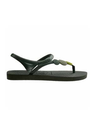 Sandalo flip-flop in gomma nera con suola testurizzata, caratterizzato da un design di strap a forma di perline in verde, grigio e oliva. Leggero e flessibile.