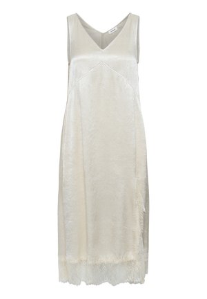 Light beige sleeveless dress in a silky material, featuring a V-neck, subtle texture, and delicate lace trim at the hemline.
