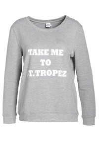Gray sweatshirt made of soft fabric, featuring a crew neck and long sleeves. Notable white text: "TAKE ME TO ST. TROPEZ" on the front.