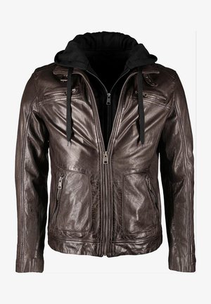 Bruine leren jas met een zwarte kap, ritssluiting aan de voorkant en meerdere ritssluitingszakken. Heeft een gladde, gestructureerde afwerking en een getailleerd ontwerp.