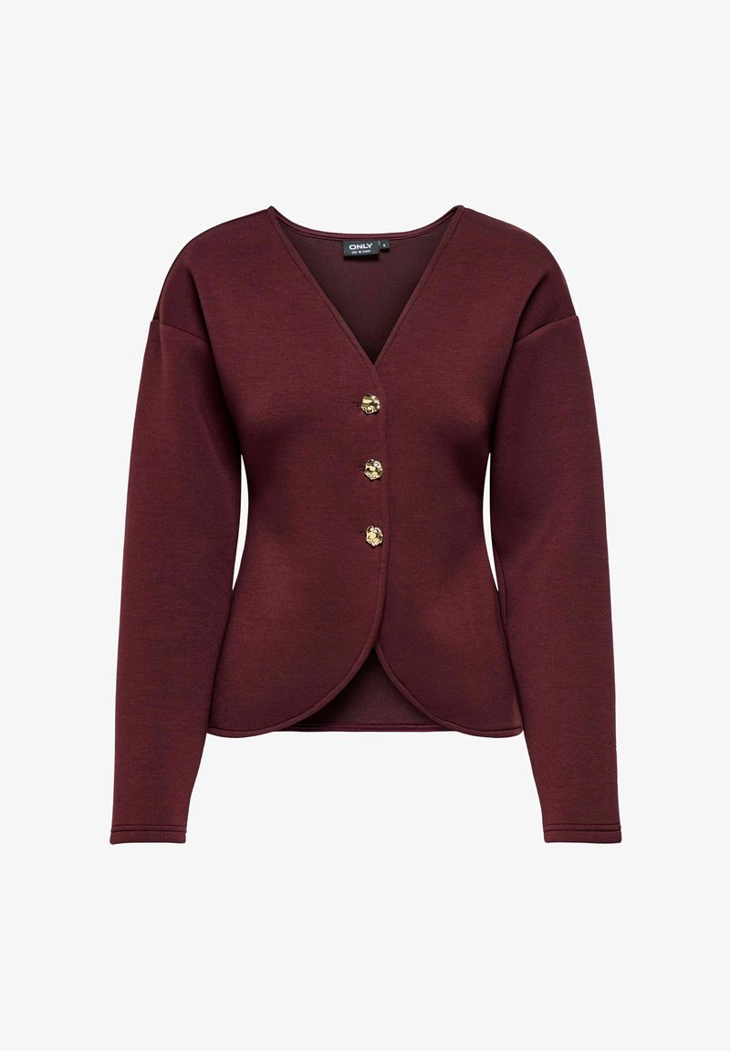 Bordo pikkade varrukatega kardigan V-kaelusega, kolm kuldset dekoratiivset nuppu ja kõver ääreliist, valmistatud siledast kangast.