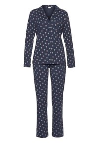 Completo pigiama blu navy con maniche lunghe e pantaloni, caratterizzato da un motivo a diamante in azzurro chiaro e rosa. Realizzato in tessuto morbido con una vestibilità comoda.