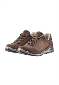 Brown hiking shoes made of suede and mesh, featuring a low profile, round toe, sturdy laces, and textured rubber sole for traction.