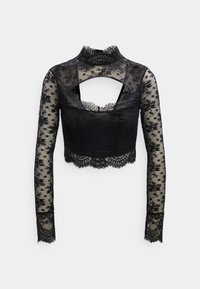 Svart croptop i spets med långa ärmar, prydd med blomsterapplikationer, hög krage och en urgröpning i ryggen. Texturerad spetskant vid ärmsluten.