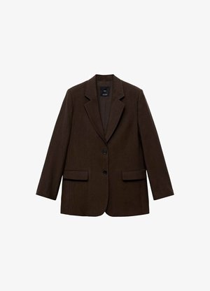 Smeđi sako sa strukturiranim dizajnom, dva prednja džepa, dva dugmeta i reverima. Izrađen od teksturiranog materijala.