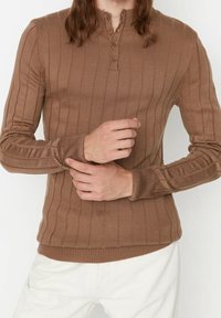 Hnědý žebrovaný pletený svetr s henley výstřihem a pěti knoflíky. Přiléhavé rukávy s kontrastní texturou ribu a pružným lemem.