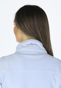 Jasnoniebieska polarowa kurtka z wysokim kołnierzem, z delikatnym haftowanym logo górskim na plecach. Miękka tekstura i smukły design.