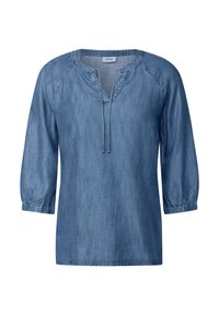 Top in denim blu chiaro, con scollatura a V e cordoncino, maniche a tre quarti con polsini elasticizzati e vestibilità rilassata.