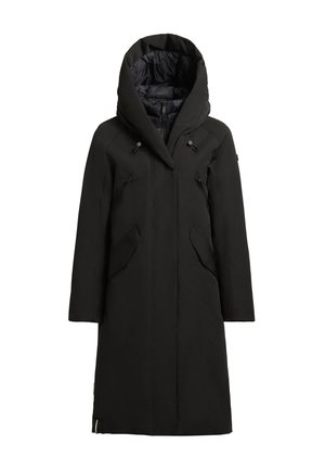 Čierny dlhý kabát s veľkou kapucňou, vybavený zipsovými vreckami a hladkým, textúrovaným povrchom. Elegantný dizajn s rovnými líniami.