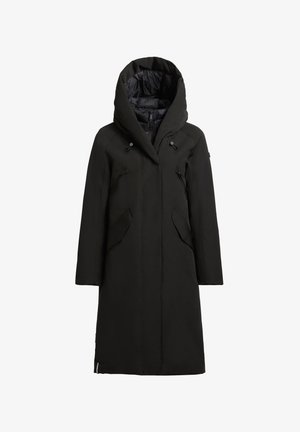 Czarny długi płaszcz z dużym kapturem, z suwakiem w kieszeniach i gładką, teksturowaną powierzchnią. Elegancki design z prostym krojem.