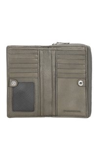 Gray leather wallet with multiple card slots, a mesh ID pocket, and a zip closure. Features "RFID Protected" embossed detail.