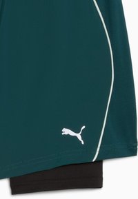 Puma sportshorts in donker teal met witte accenten en logo. Gemaakt van ademend materiaal, met een soepele textuur en een aansluitend ontwerp.