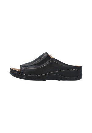 Schwarzer Leder-Slipper-Clog mit offenem Zehenbereich, gepolsterter Sohle und weißen Nähten entlang der Kanten.