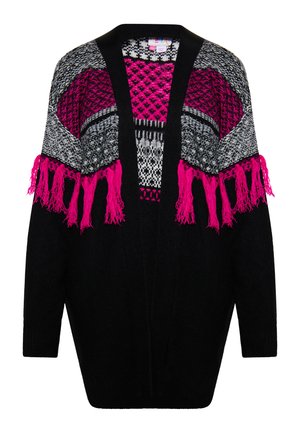 Schwarze Strickjacke mit mehrfarbigen Strickmustern in Grautönen und Rosa, mit Fransen und offenem Design.