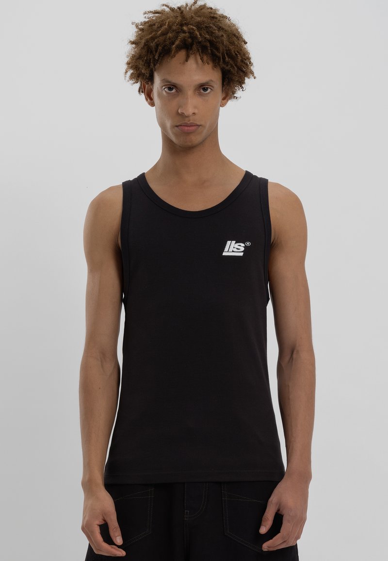 Must have must have black sleeveless tank top with ribbed fabric, round neck, and a small white logo on the upper left side.