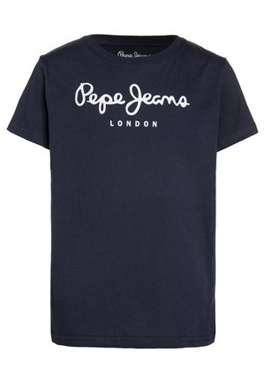 Camiseta azul marino de manga corta con el texto del logo "Pepe Jeans London" en blanco centrado en el pecho.