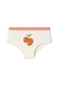 Weiße Baumwollunterwäsche mit einem pink gestreiften Bund, versehen mit einem Druckdesign von zwei Orangen mit grünen Blättern auf der Vorderseite.